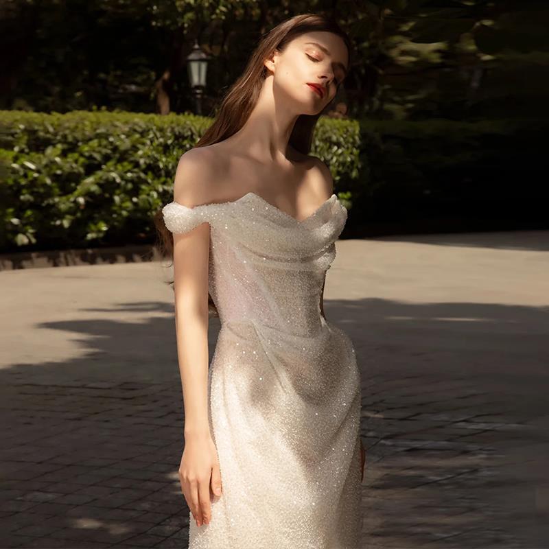 Bridal Hepburn Style Wedding Veil Trailing Off-shoulder Evening Dress