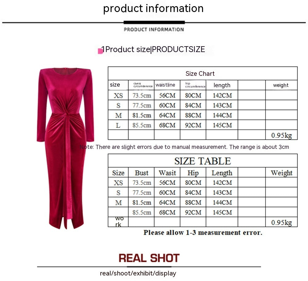 Women's Fashion Round Neck Pleated Zou Velvet Dress Tight Split Dress