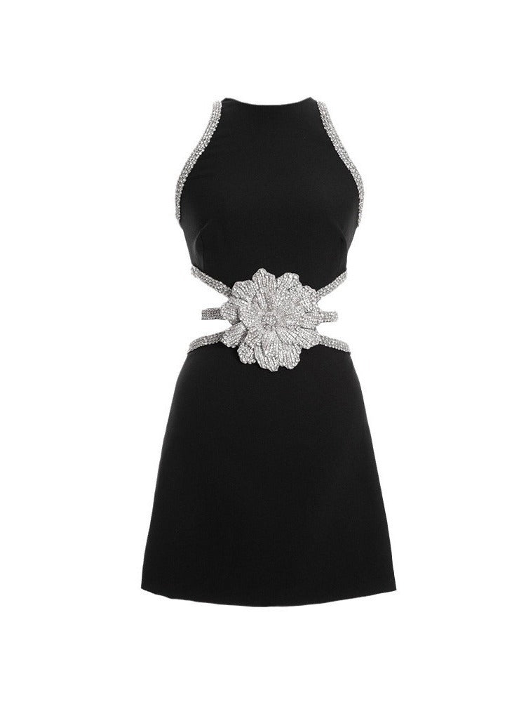 Summer Fashion Round Neck Sleeveless Hollow-out Midriff Rhinestone Flower Dress