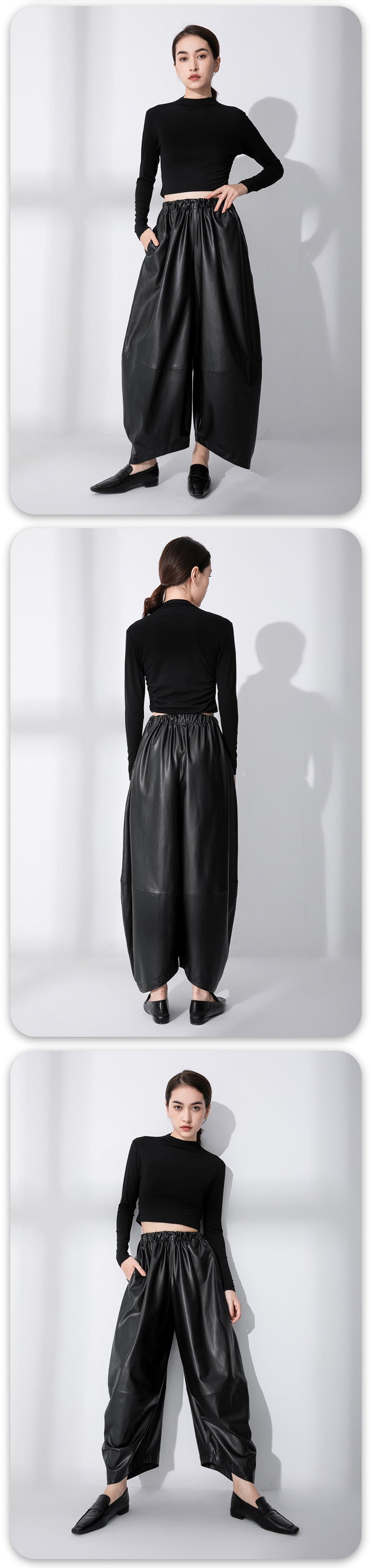 Black Matte Protein Environmentally Friendly PU Leather High-waisted Trousers Thin Velvet Simple