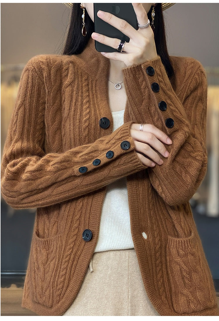 Pure Wool Cardigan Women's Stand Collar Outer Sweater Loose Knitted Coat