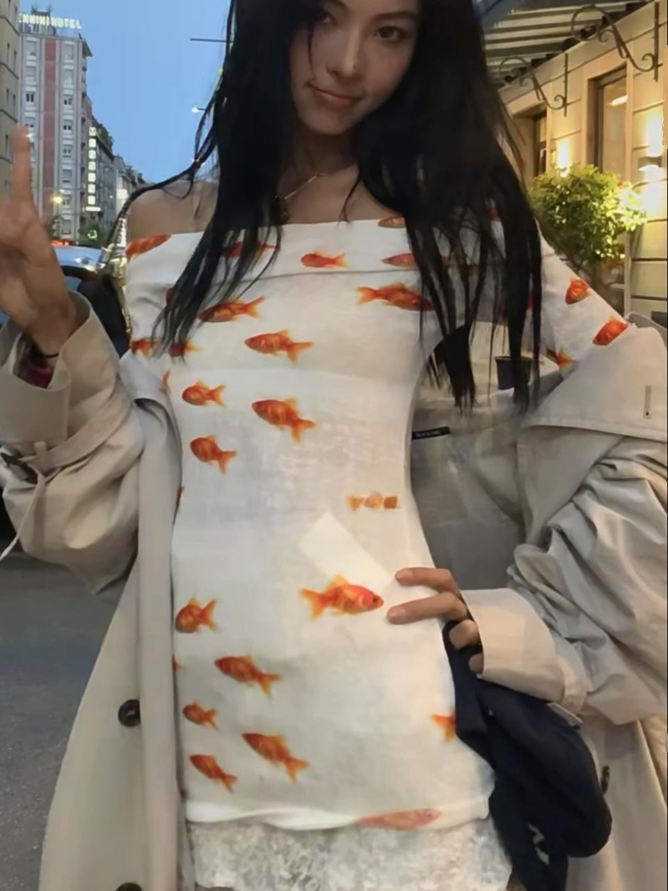 Goldfish Floral-print Off-shoulder Slim Top Long Sleeve Dress