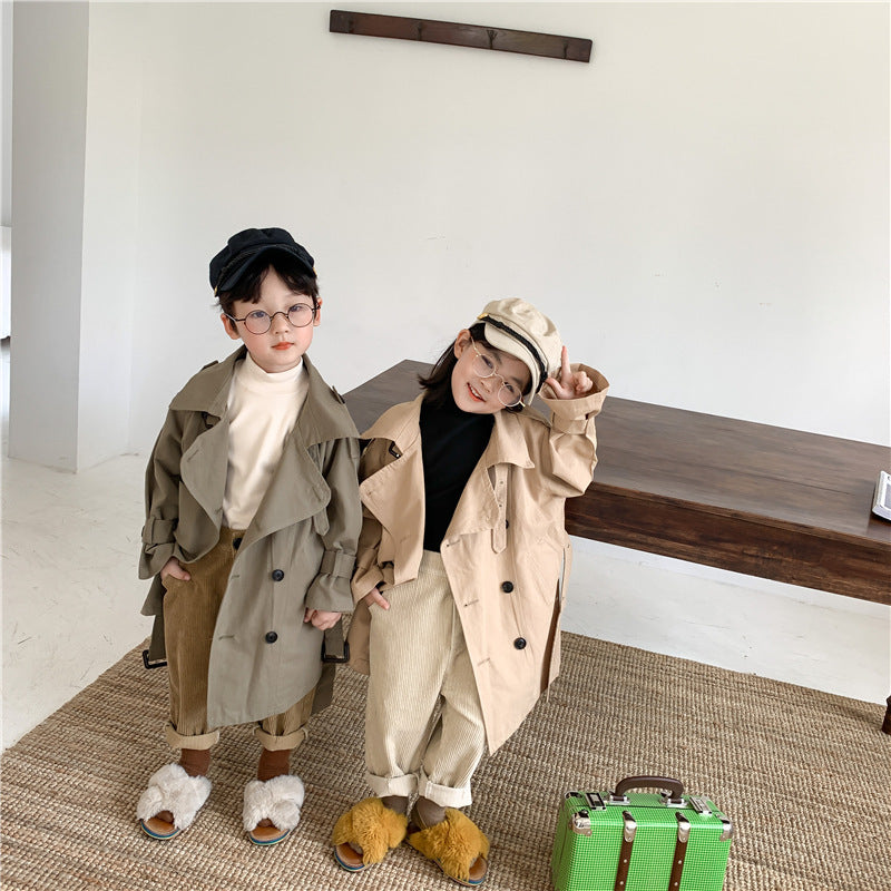 Otoño 2023 nuevo abrigo coreano niños y niñas gabardina larga solapa grande estilo de moda