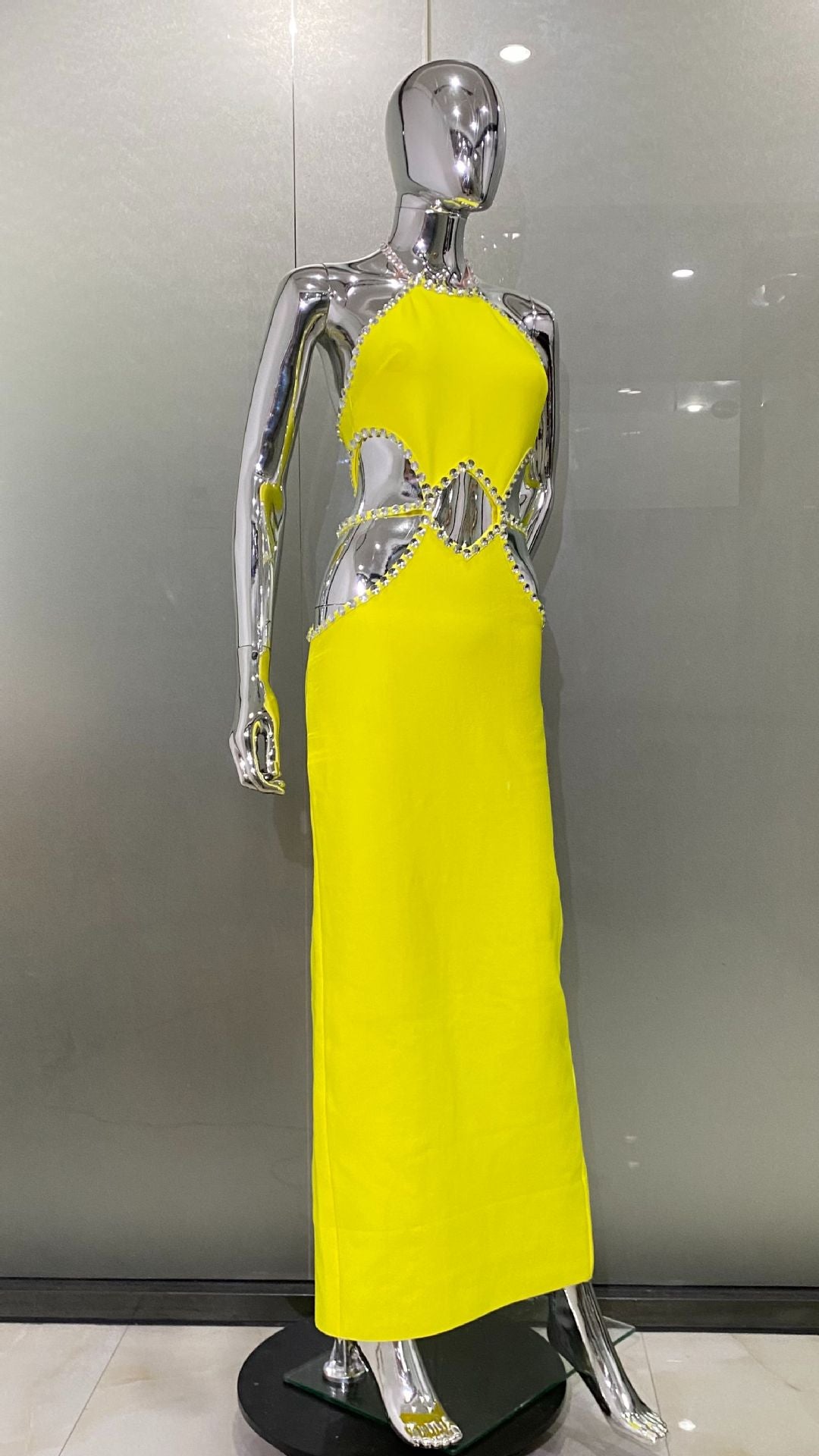 Hollow Rhinestone Edge Hanging Neck Lemon Yellow Dress