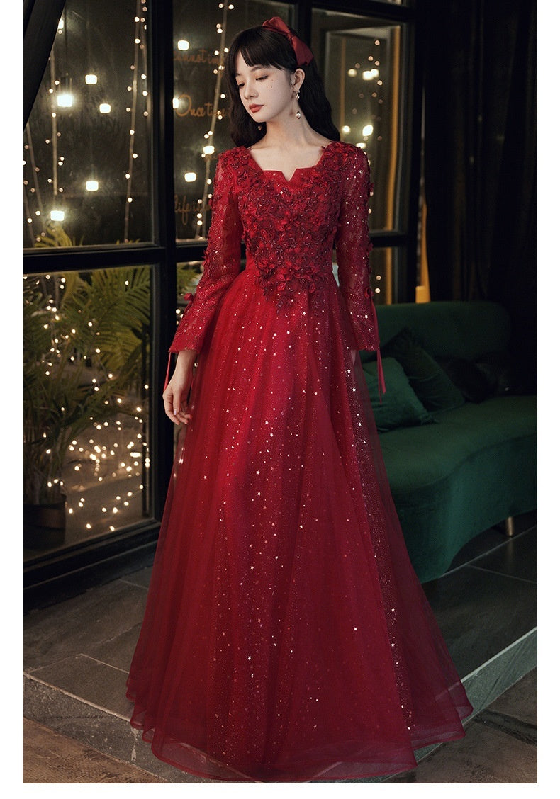 Bridal Red High-end Engagement Summer Long-sleeve Evening Dress