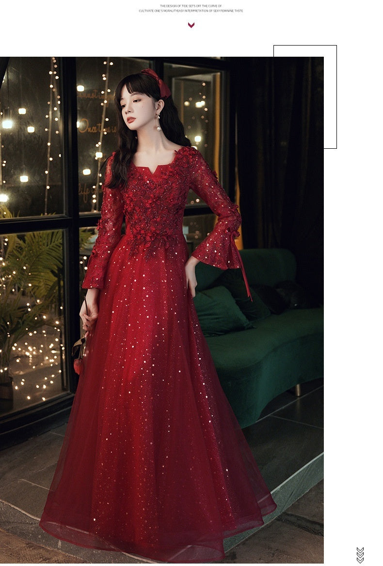 Bridal Red High-end Engagement Summer Long-sleeve Evening Dress