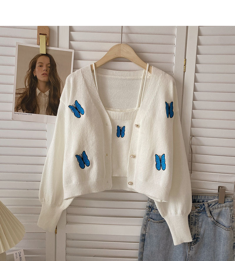 Butterfly Embroidered Vest Long Sleeve Knitted Cardigan Two-piece Set