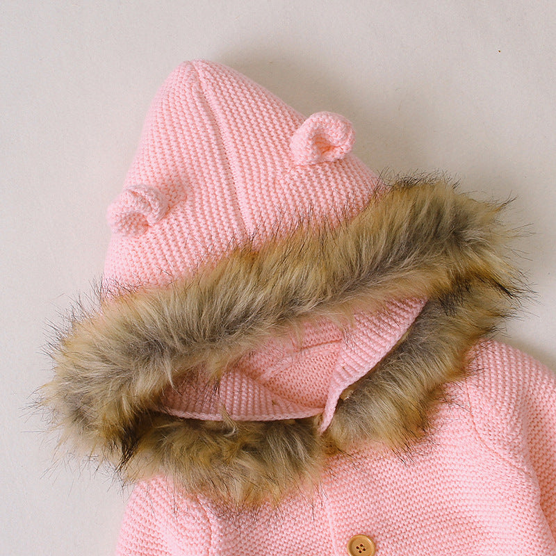 Children's Hooded Fur Collar Knitted Jumpsuit