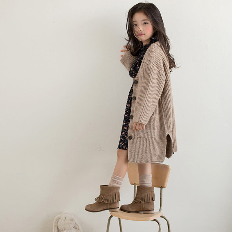 Cardigan Button Knitted Children's Thick Collar Sweater Girls Single Row