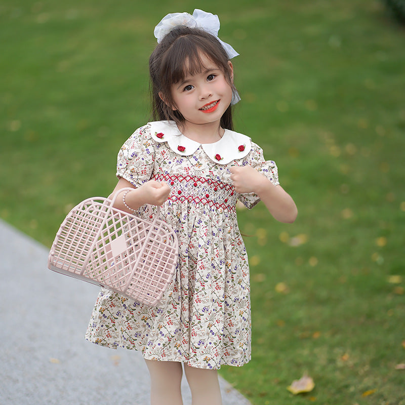 Robe d'été pour filles, tenue de princesse brodée à la main, col de poupée, vêtements floraux pour enfants, en coton, nouvelle collection