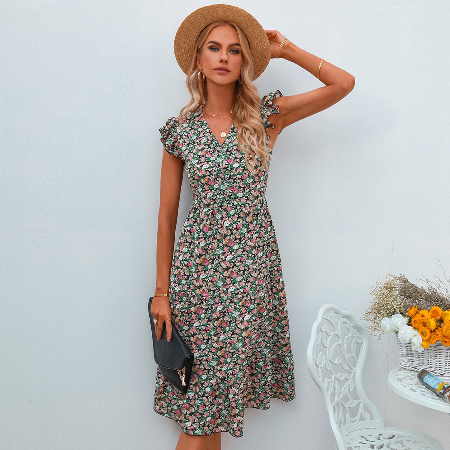 V-neck Fly-sleeve Floral Dress Long Dress