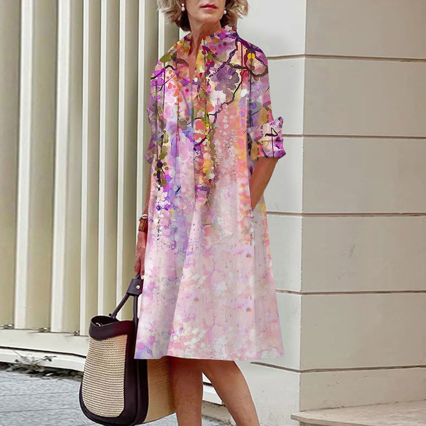 Women's Elegant Floral 3D Digital Printing Single Row Open Button Shirt Dress