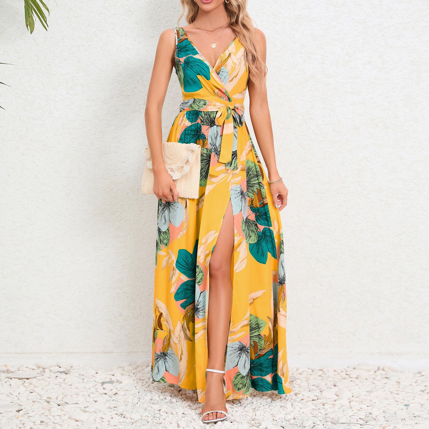 Vestido largo con cuello en V y estampado floral, vestido sin mangas con diseño de abertura en la cintura a la moda de verano para ropa de mujer