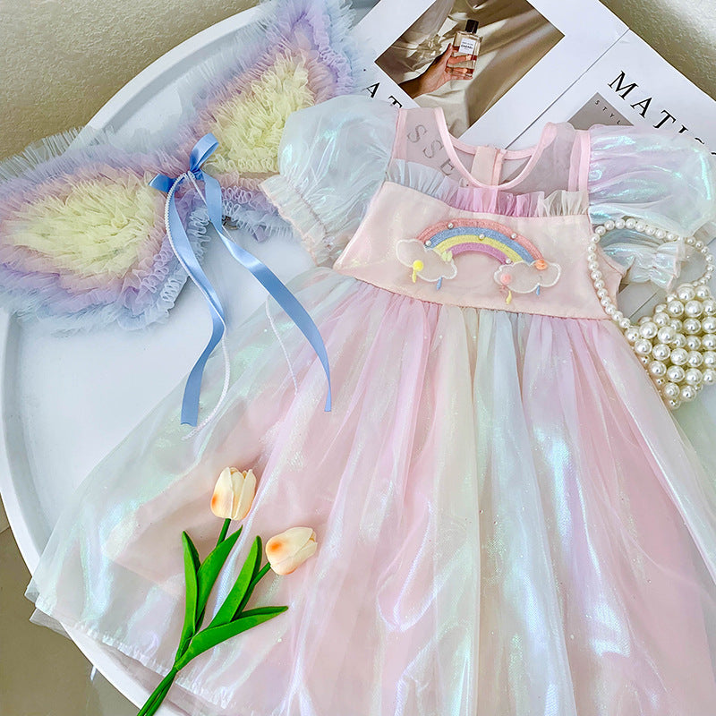 Robe d'anniversaire arc-en-ciel avec ailes pour enfants, jupe en gaze