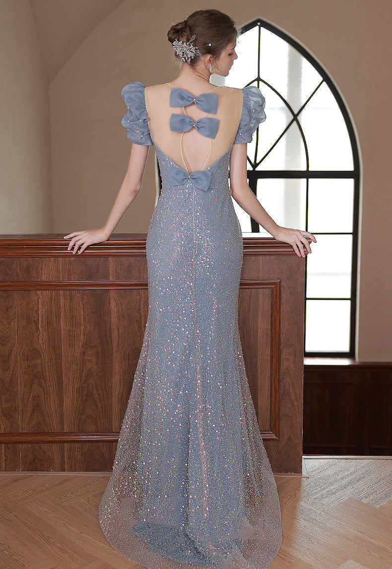 Blue Host Dress With Beaded Shoulders