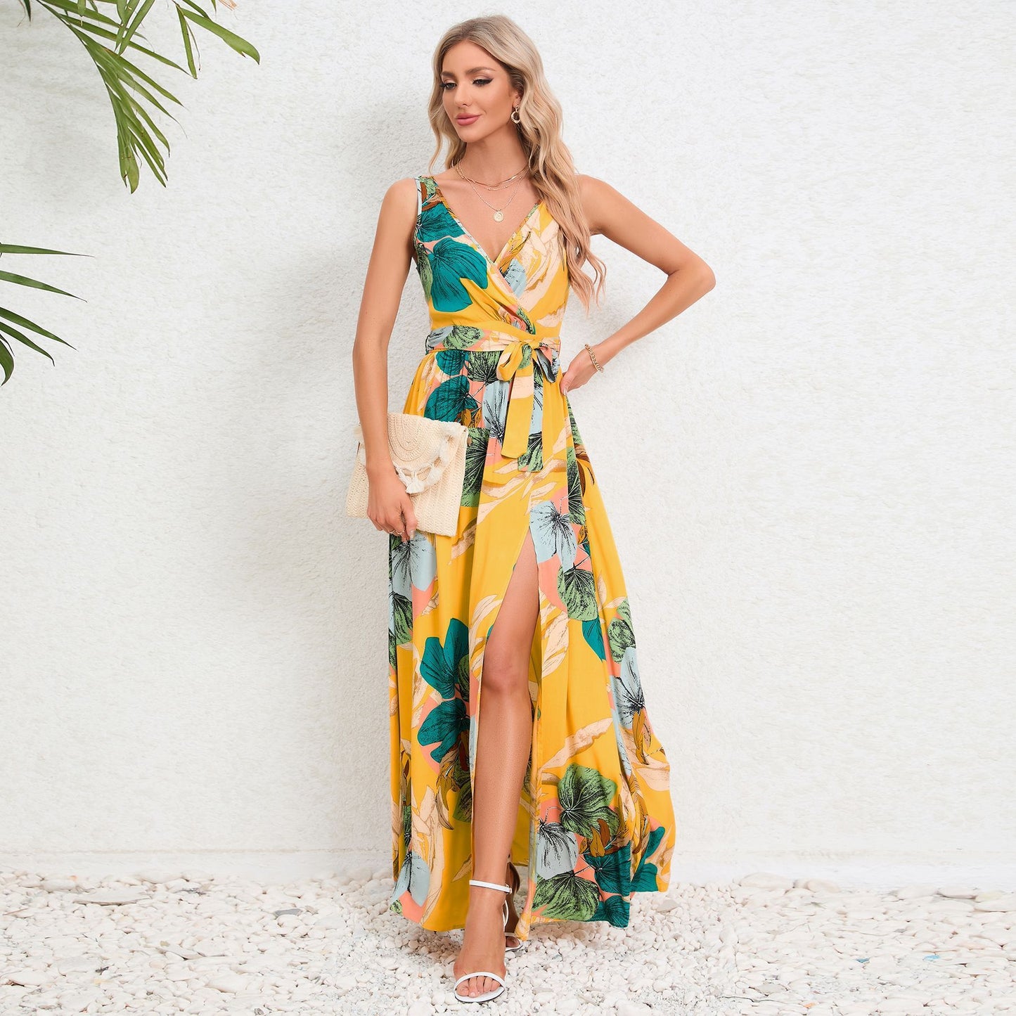 Robe longue à imprimé Floral, col en v, mode d'été, fente à la taille, sans manches, vêtements pour femmes