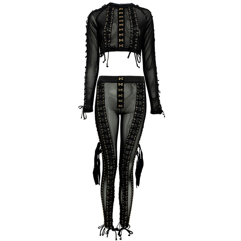 See-through Mesh Decoration Sexy Breathable Pants Strap Two-piece Suit