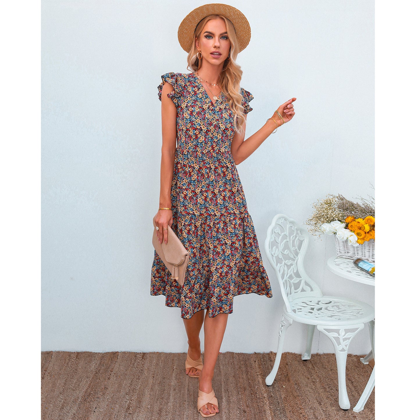 V-neck Fly-sleeve Floral Dress Long Dress