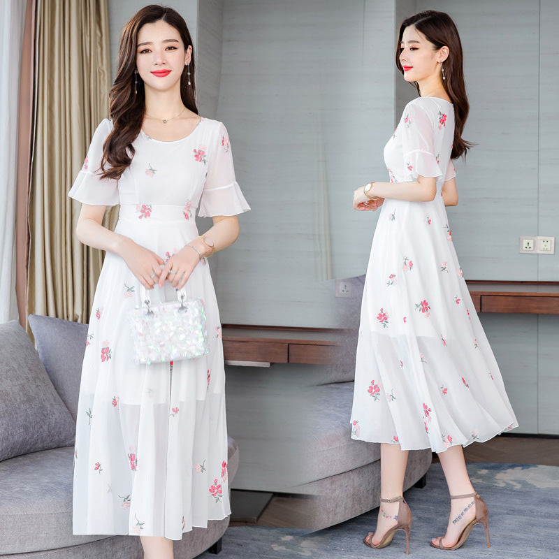 Floral chiffon slim slim dress