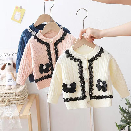 Pull cardigan à col rond et nœud délicat