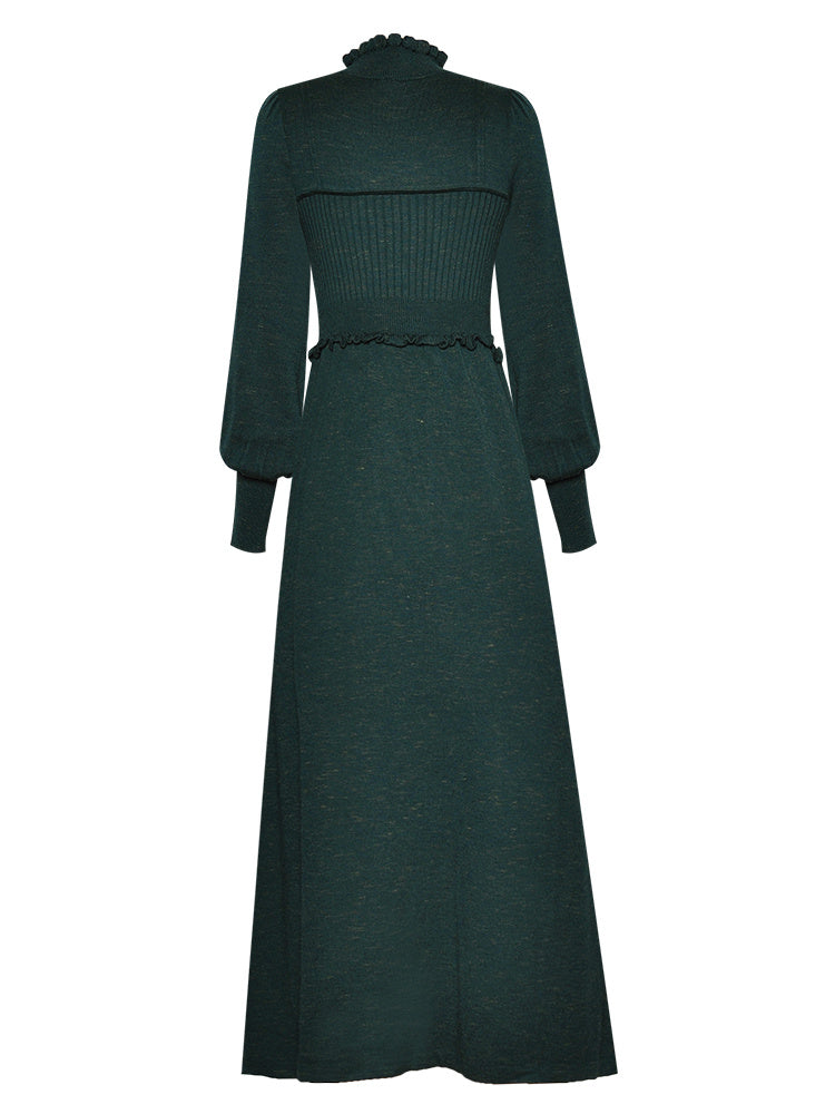 High-Necked Long-Sleeved Stretch Waist Knitted Mid-Length Warm Bottoming Dress