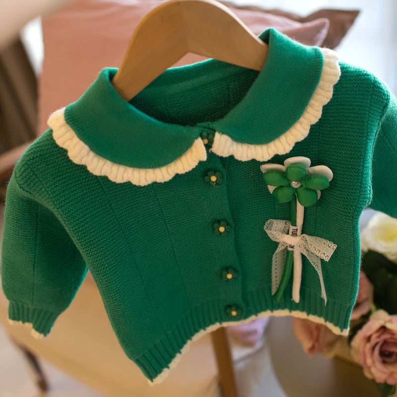 Children's Sweater Girls Small Flower Round Neck Cardigan