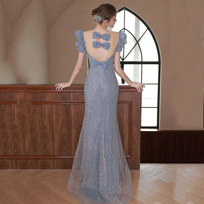 Blue Host Dress With Beaded Shoulders