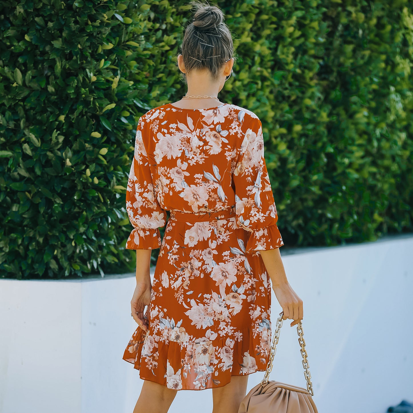 Vestido de gasa floral de media manga para mujer