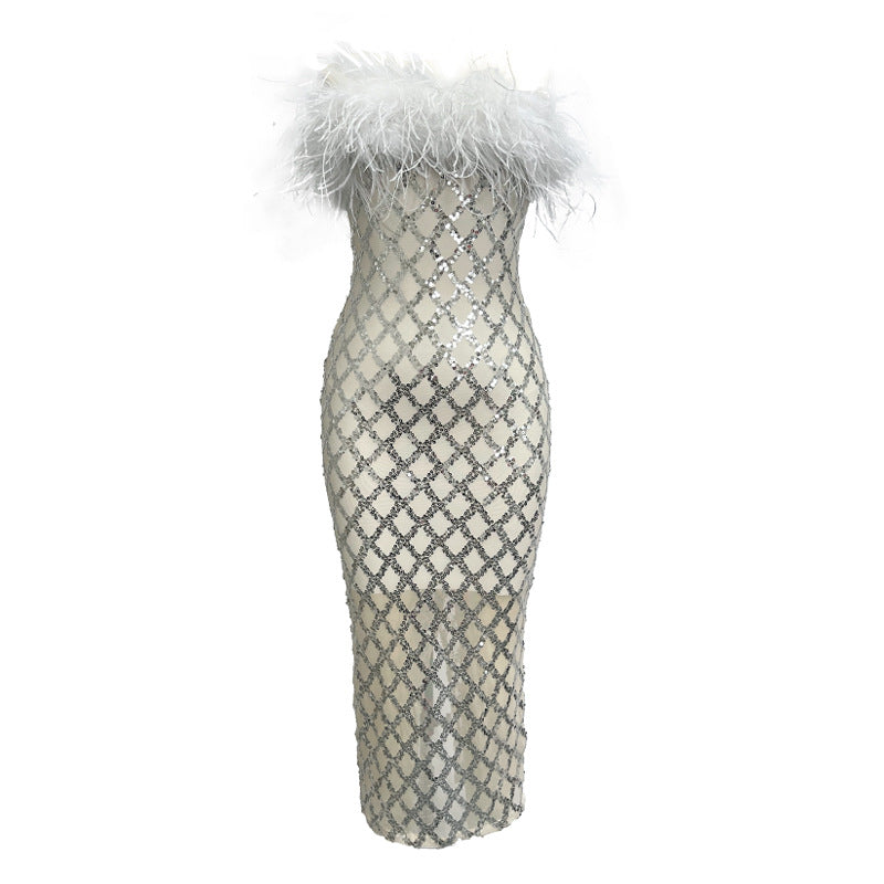 Sequined Tube Top Feather Bandage One-piece Dress