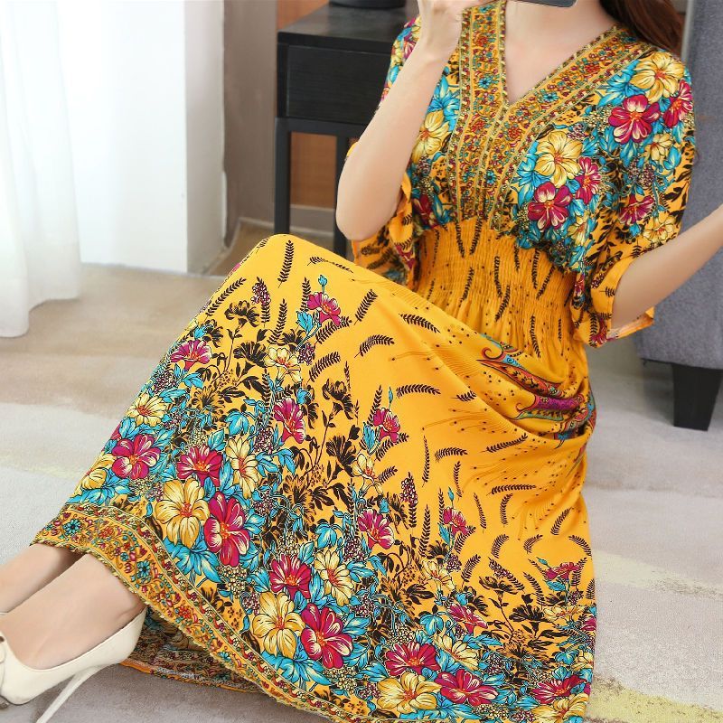 Women's Vintage Printed Cotton Silk Floral Dress