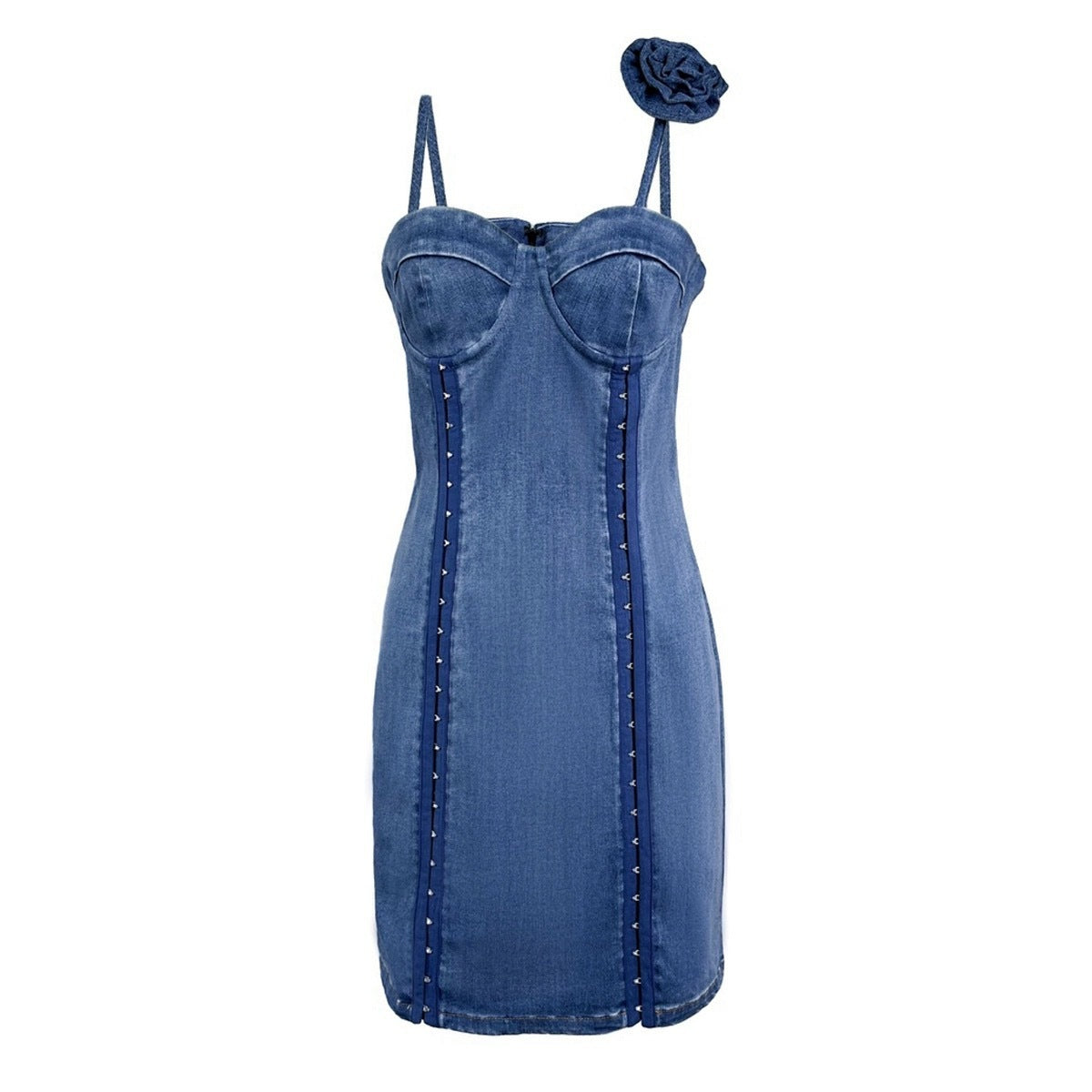 Women's Three-dimensional Flower Decoration Waist-tight Denim Dress