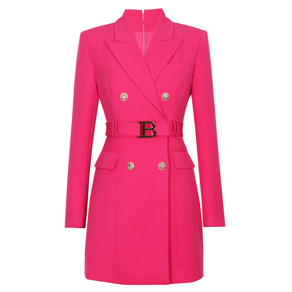 High Solid Color Belt Long Sleeve Slim Fit Temperament Commute Business Suit And Dress