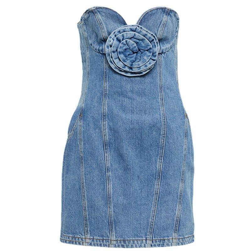 Women's Sculptural Floral Appliqu Denim Dress