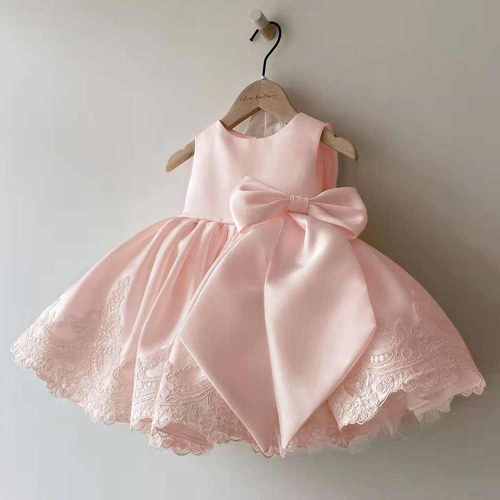 Robe de fille de couleur pure, robe de princesse à nœud long