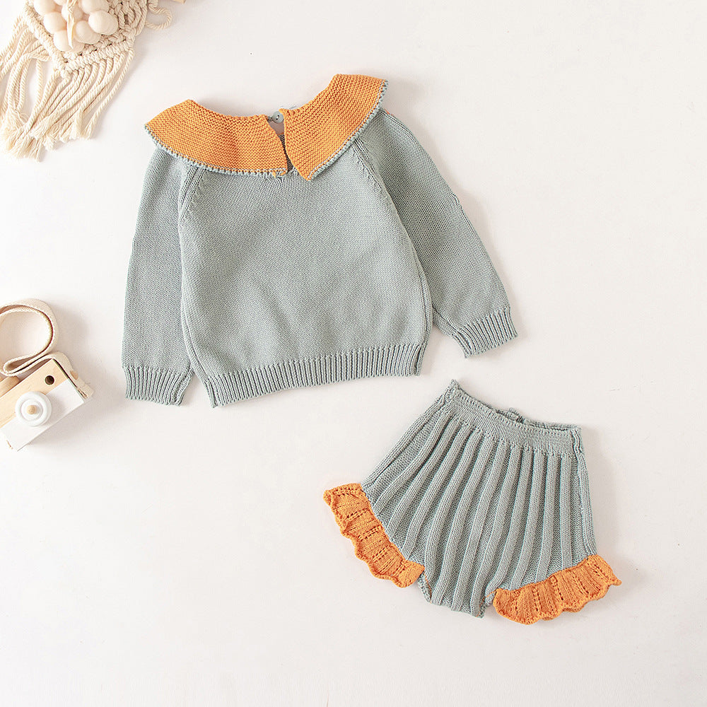 Baby Girl Baby Knitted Suit Embroidered Lotus Leaf Collar Top