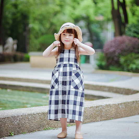 Children's Cotton Plaid Crew Neck Tank Top Dress