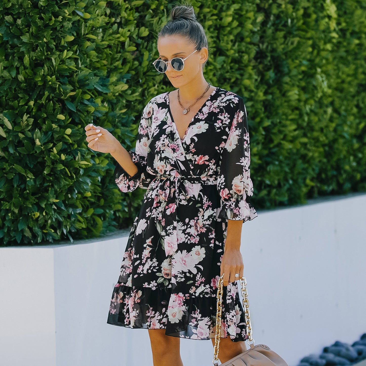 Vestido de gasa floral de media manga para mujer