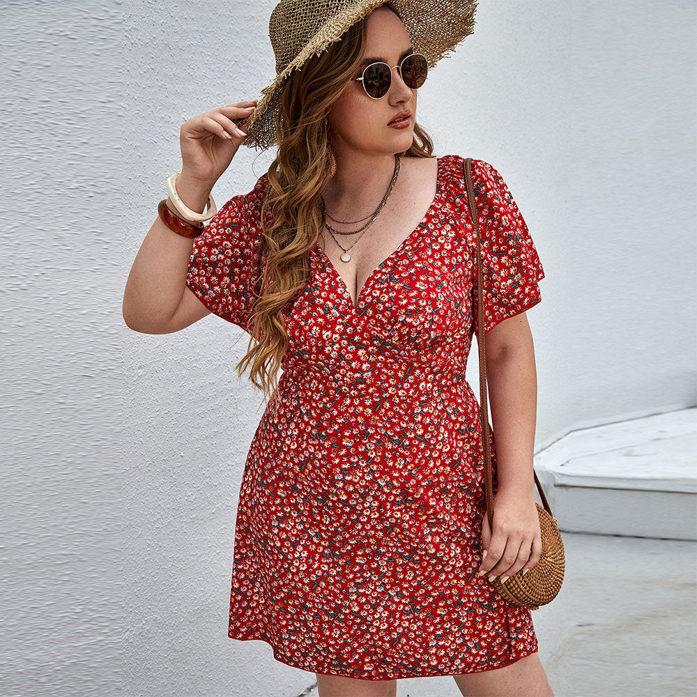 Vestido de ocio con cuello en V y flores pequeñas para vacaciones en la playa