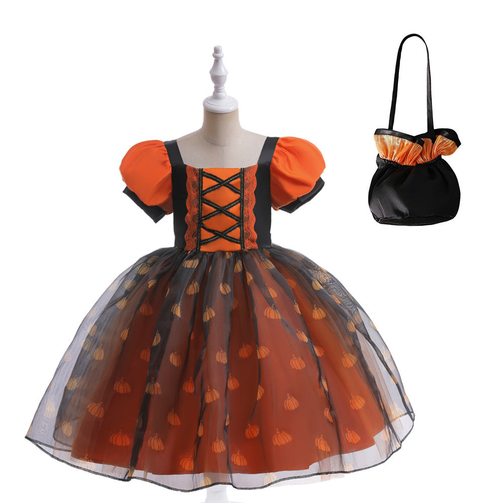 Robe de princesse pour filles, Costume de spectacle de bal de maquillage citrouille Orange, à la mode