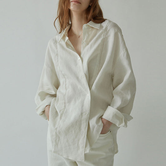 Linen Shirt French Hollow Embroidered Loose Long Sleeve Blouse