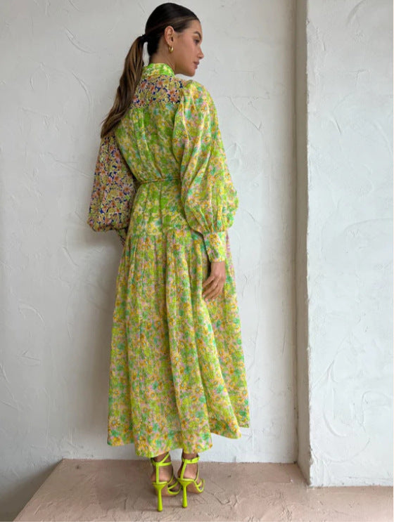 Women's Floral Color Matching Lantern Sleeve Long Dress