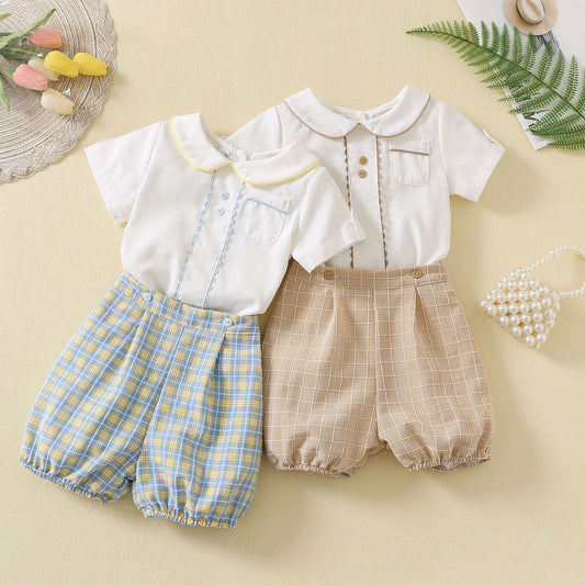 Chemise à manches courtes pour enfants, short à carreaux, bel ensemble