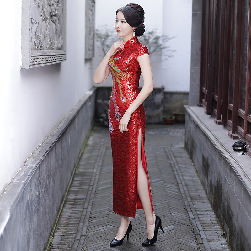 Cheongsam amélioré automne hiver rouge mariage mère vêtements à manches courtes fendu Phoenix Style ethnique robe