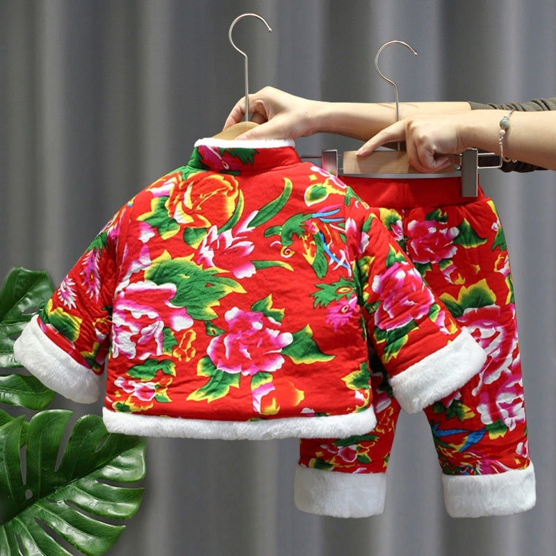 Large Floral Jacket Winter Thickened Girls Padded Cotton Clothes Cotton Pants