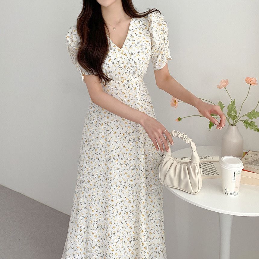 Small Floral Puff Sleeve Dress Women