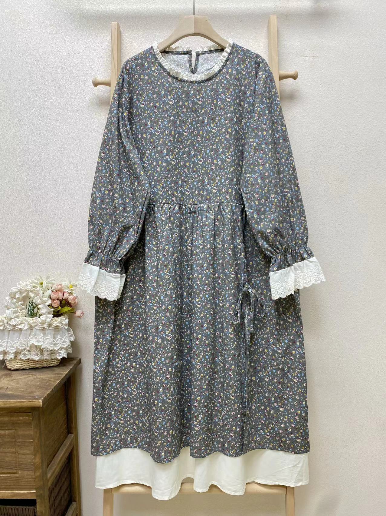 Robe ample et décontractée en Patchwork pour femmes, fausse robe florale deux pièces à manches longues