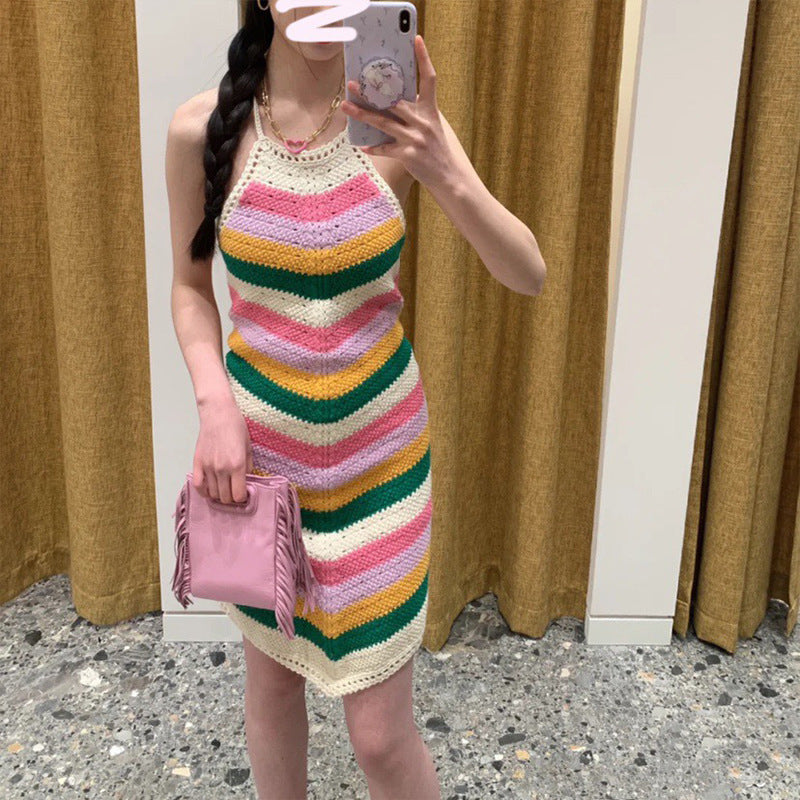 Striped Hollow-out Vacation Style Halter Knitted Dress