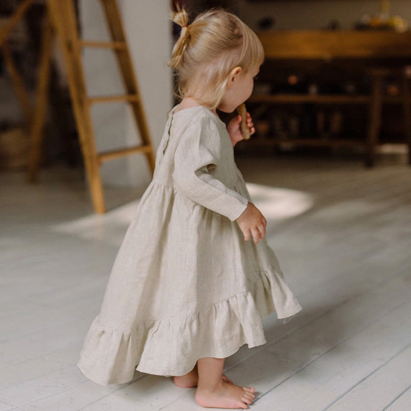 Autumn New Girls Cotton Linen Dresses