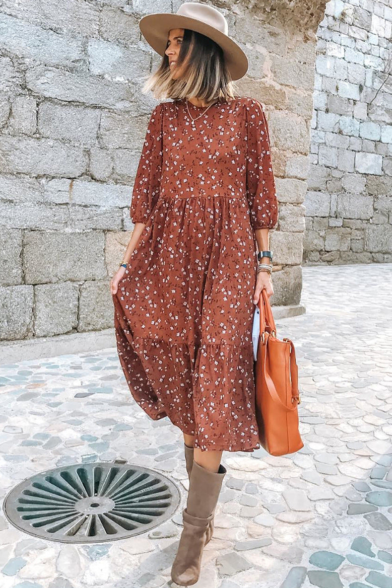 Autumn New Fashion Floral Casual Loose High Waist Slimming Midi Dress For Women