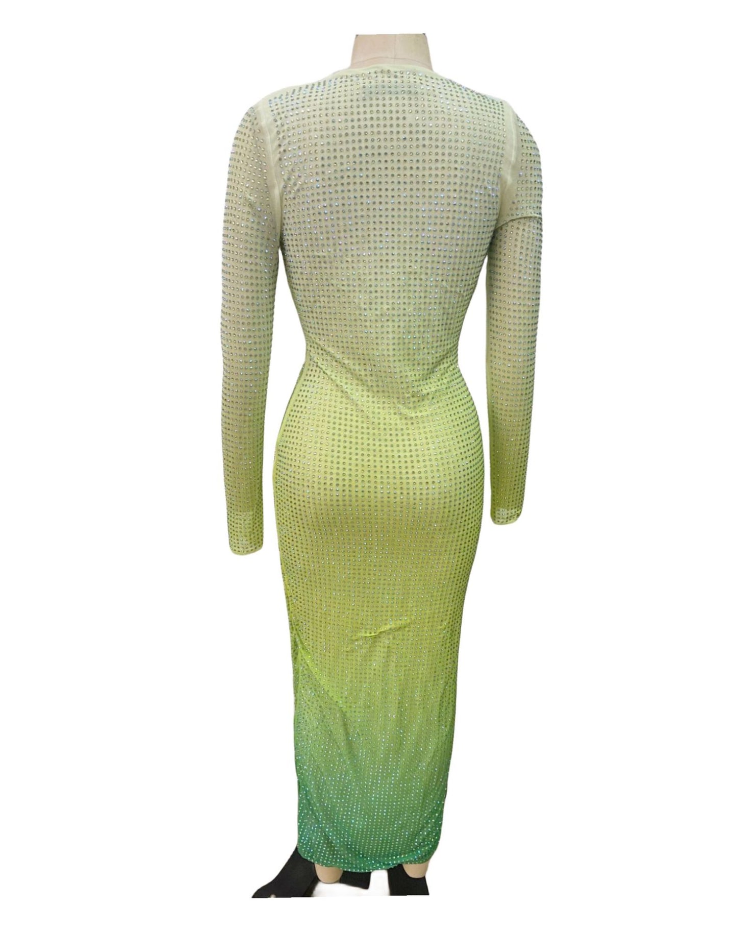 Gradient Green Shiny Rhinestone Deep V Sheath Dress